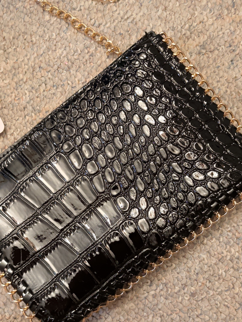 Bon Voyage Black Croc-Embossed Crossbody with Gold Tone Chain. New With Tag